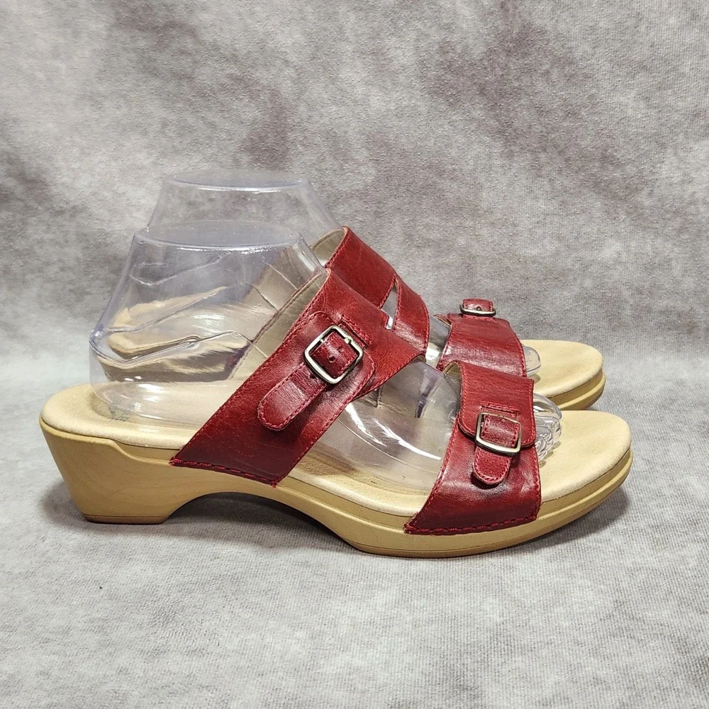 Dansko Red Leather double Buckle Slide Wedge Sandals Womens Size 41 9020222200
